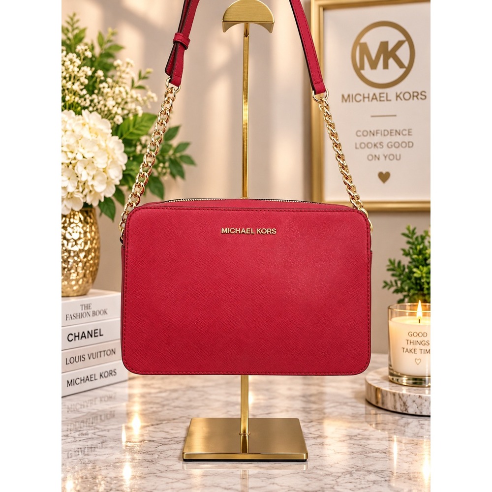 Michael Kors Jet Set Large East West Crossbody Bag Berry Saffiano Leather Gold